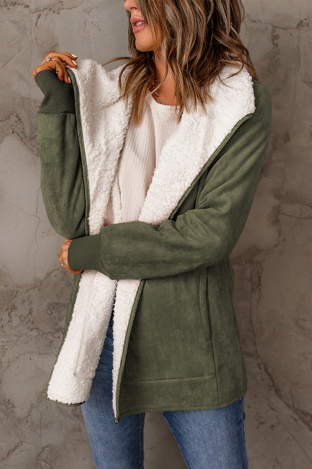 Green Faux Suede Fleece Lined Jacket