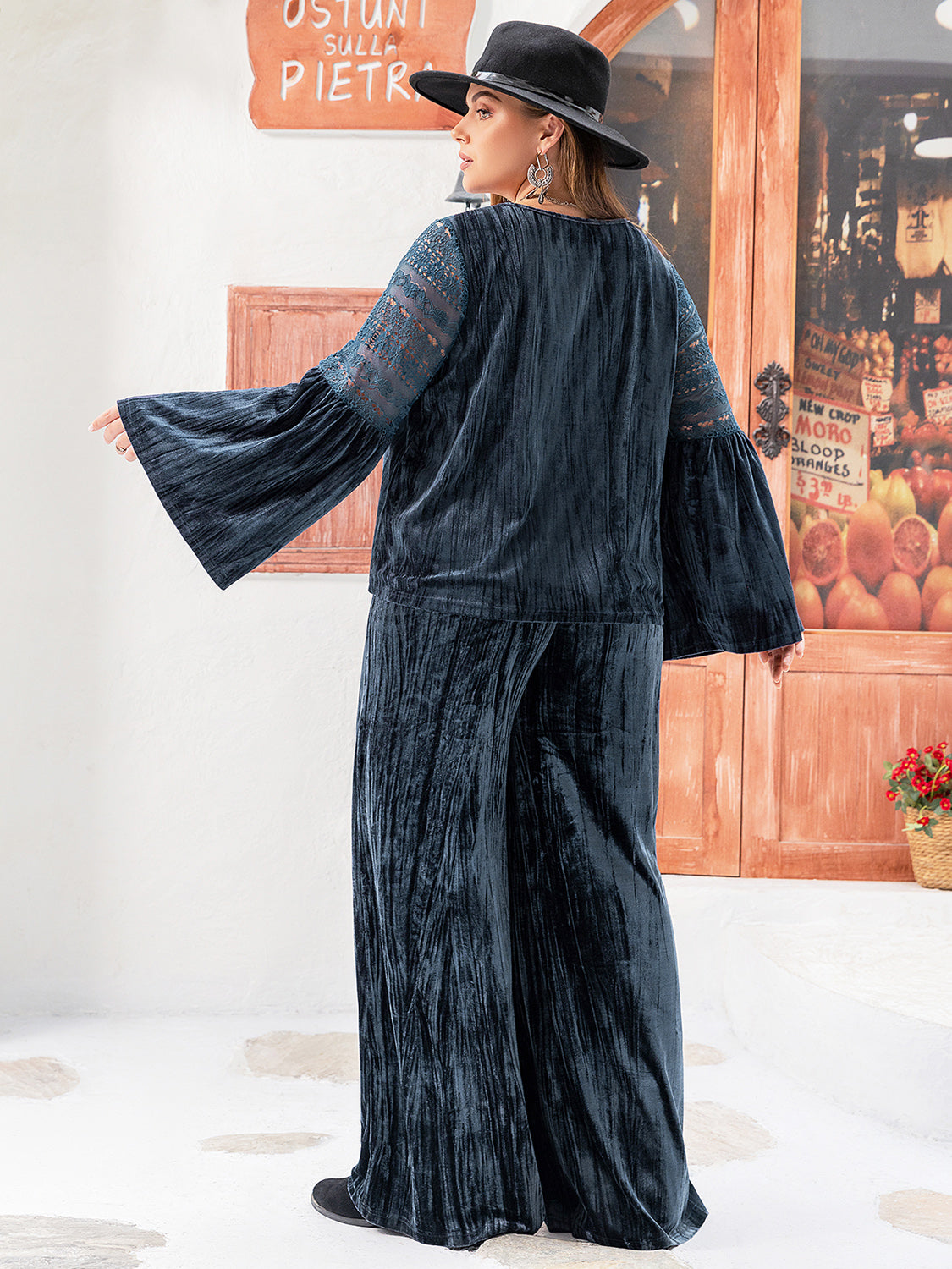 Slate Blue Velvet & Lace Flare Sleeve Pants Set