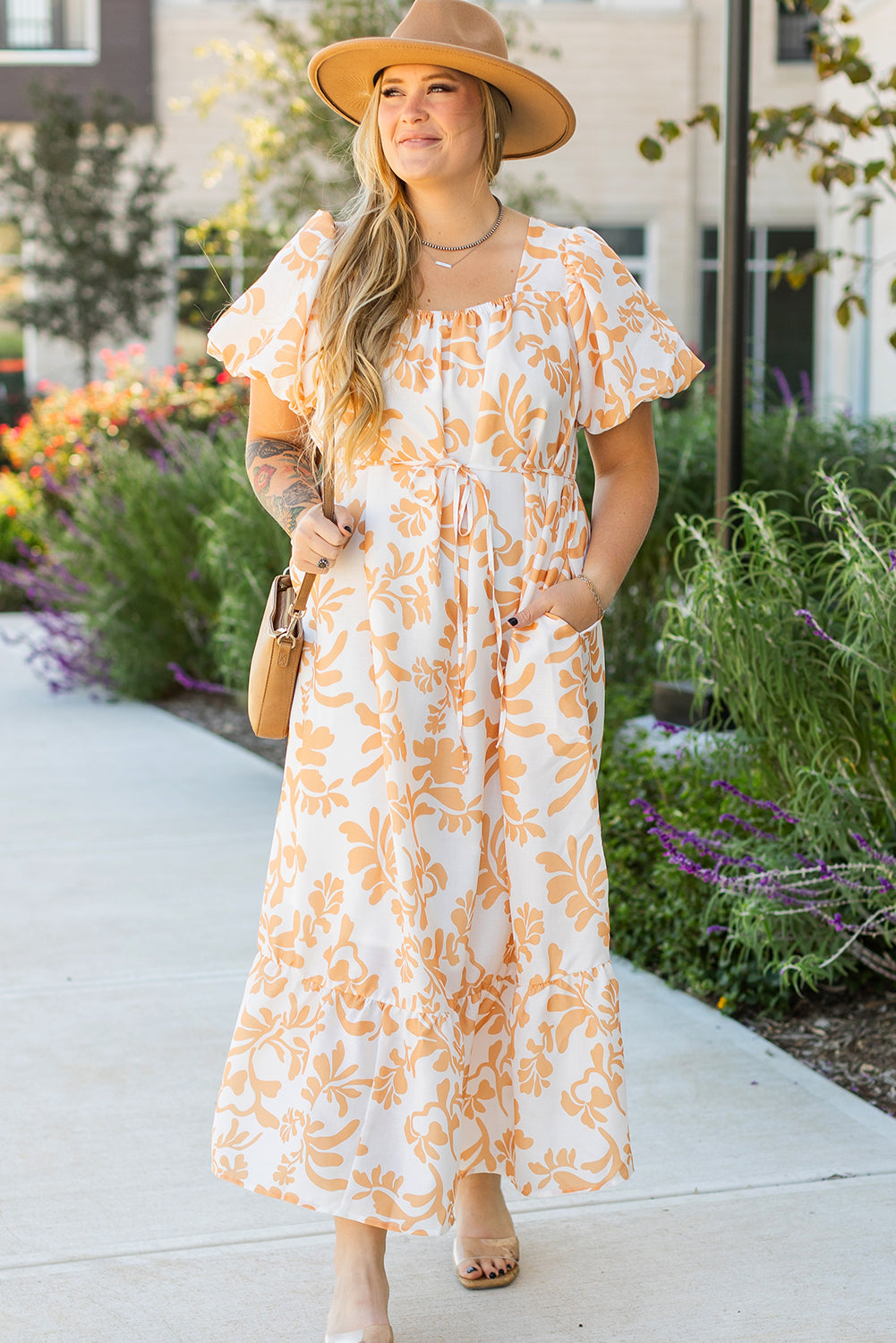 Apricot Floral Puff Short Sleeve Plus Size Maxi Dress