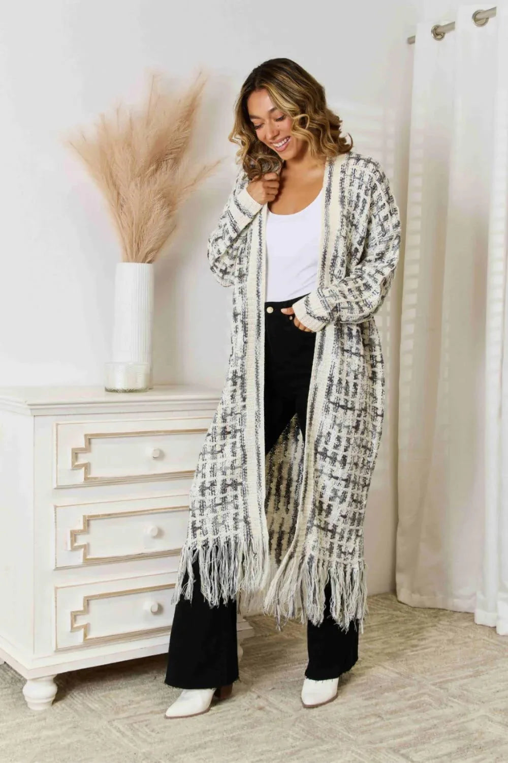 Multicolor Open Front Fringe Hem Duster Cardigan Bazarre Mart Multicolored Open Front Fringe Long Sweater