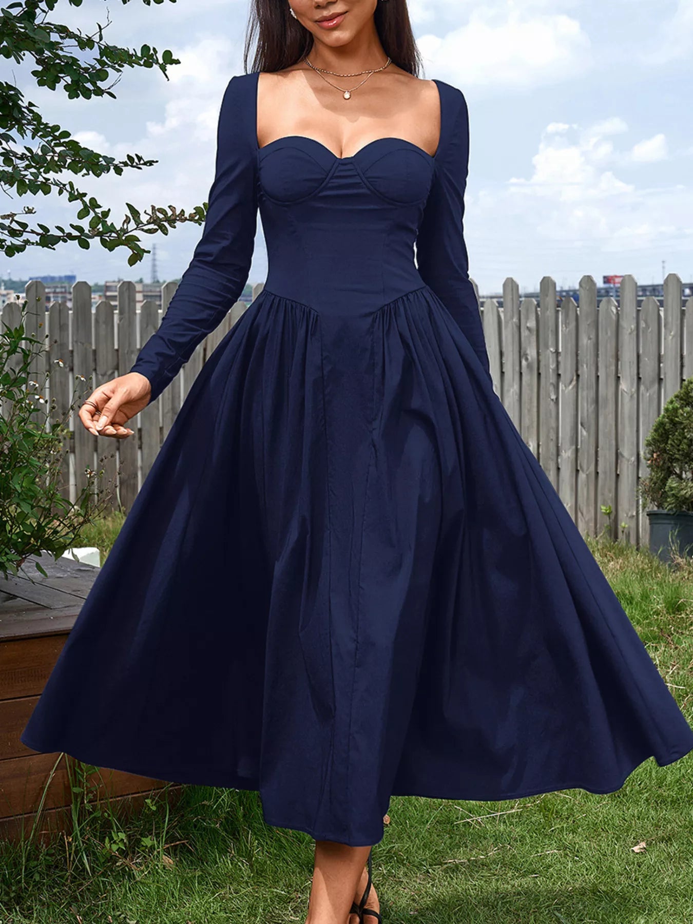 Sweetheart Neckline Long Sleeve A-Line Midi Dress Navy Blue Trendsi Sweetheart Neckline Long Sleeve A-Line Midi