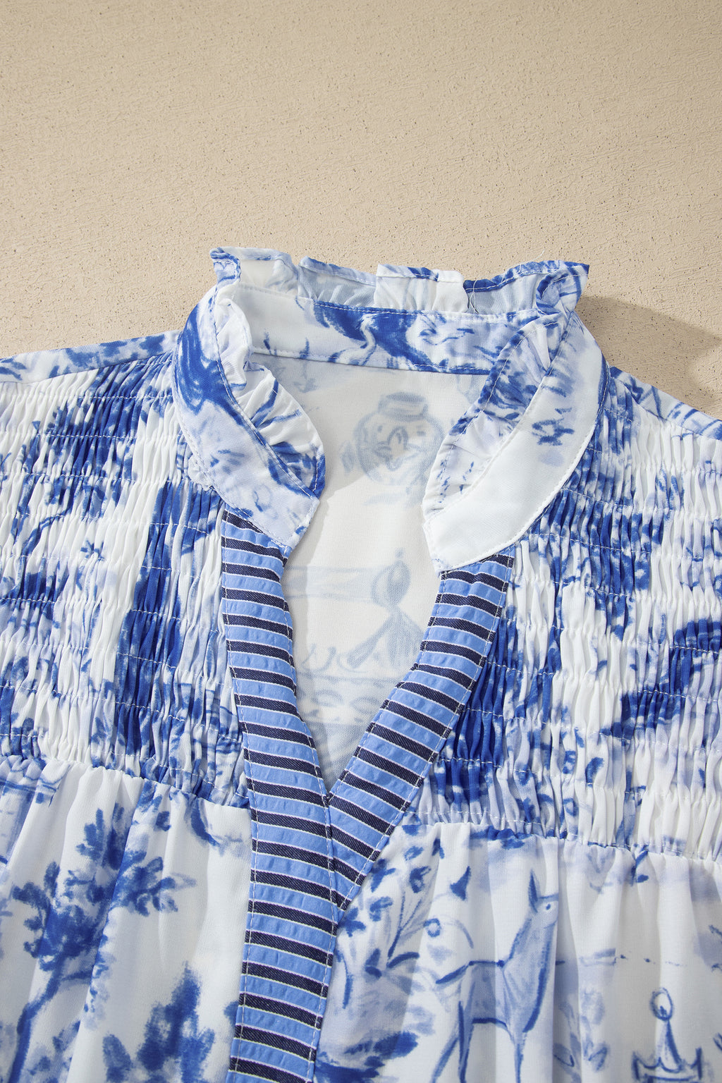 Blue Toile Print Smocked Puff Sleeve Blouse Dear-Lover Dropshipping Tops/Blouses & Shirts