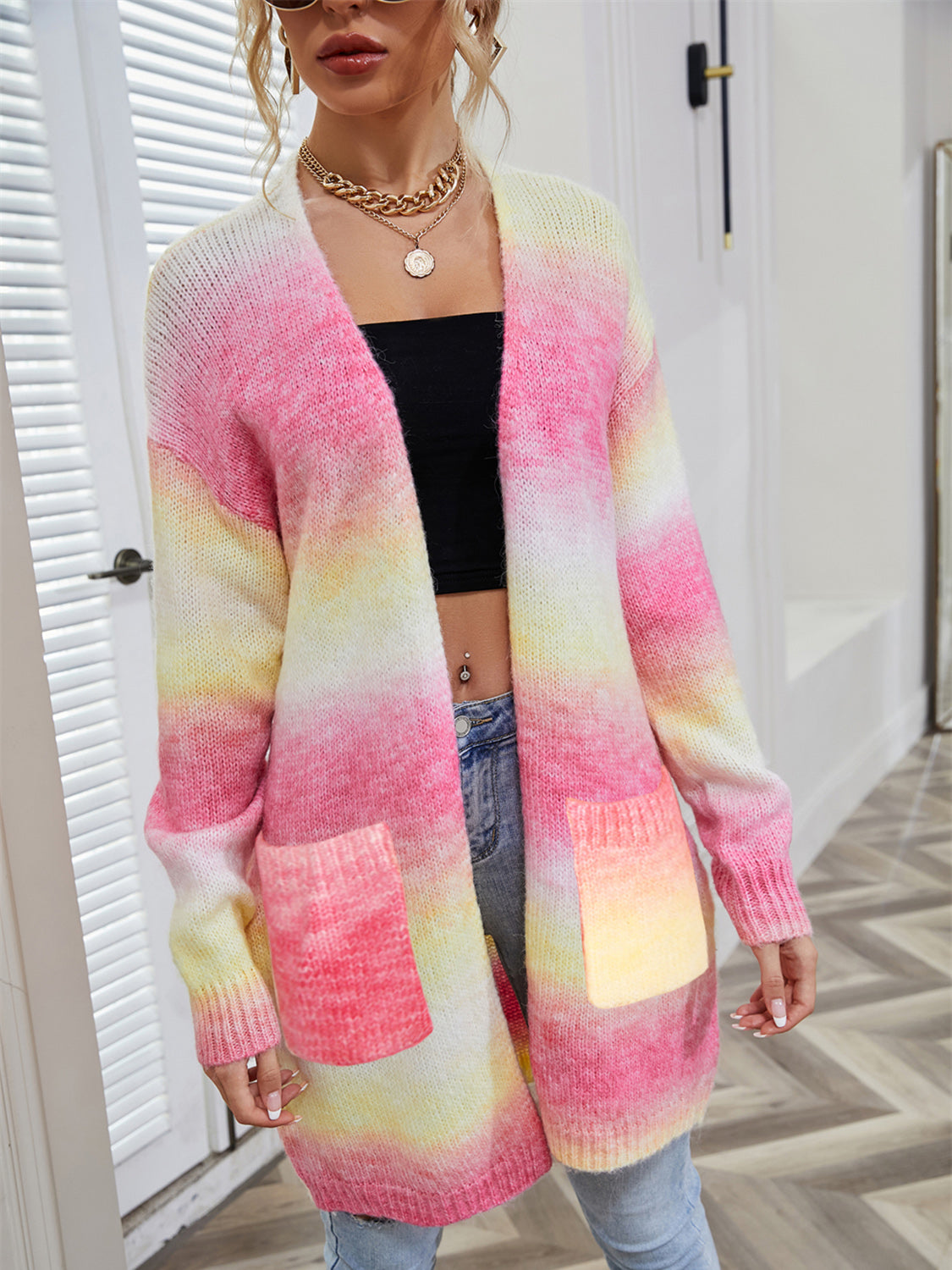 Angel Wings Gradient Striped Pocketed Open Front Cardigan