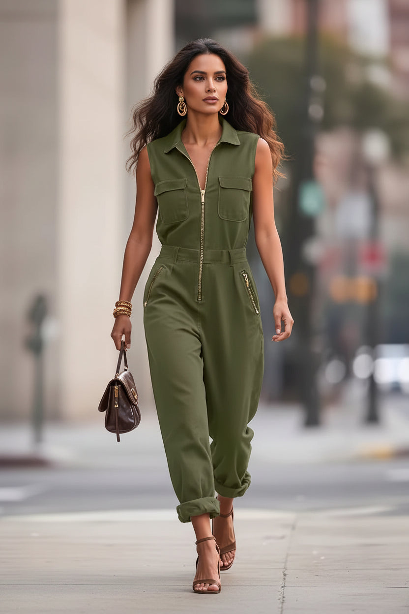 Retro Sleeveless Gold Zip Jumpsuit Green CJ Dropshipping Sleeveless Jumpsuit