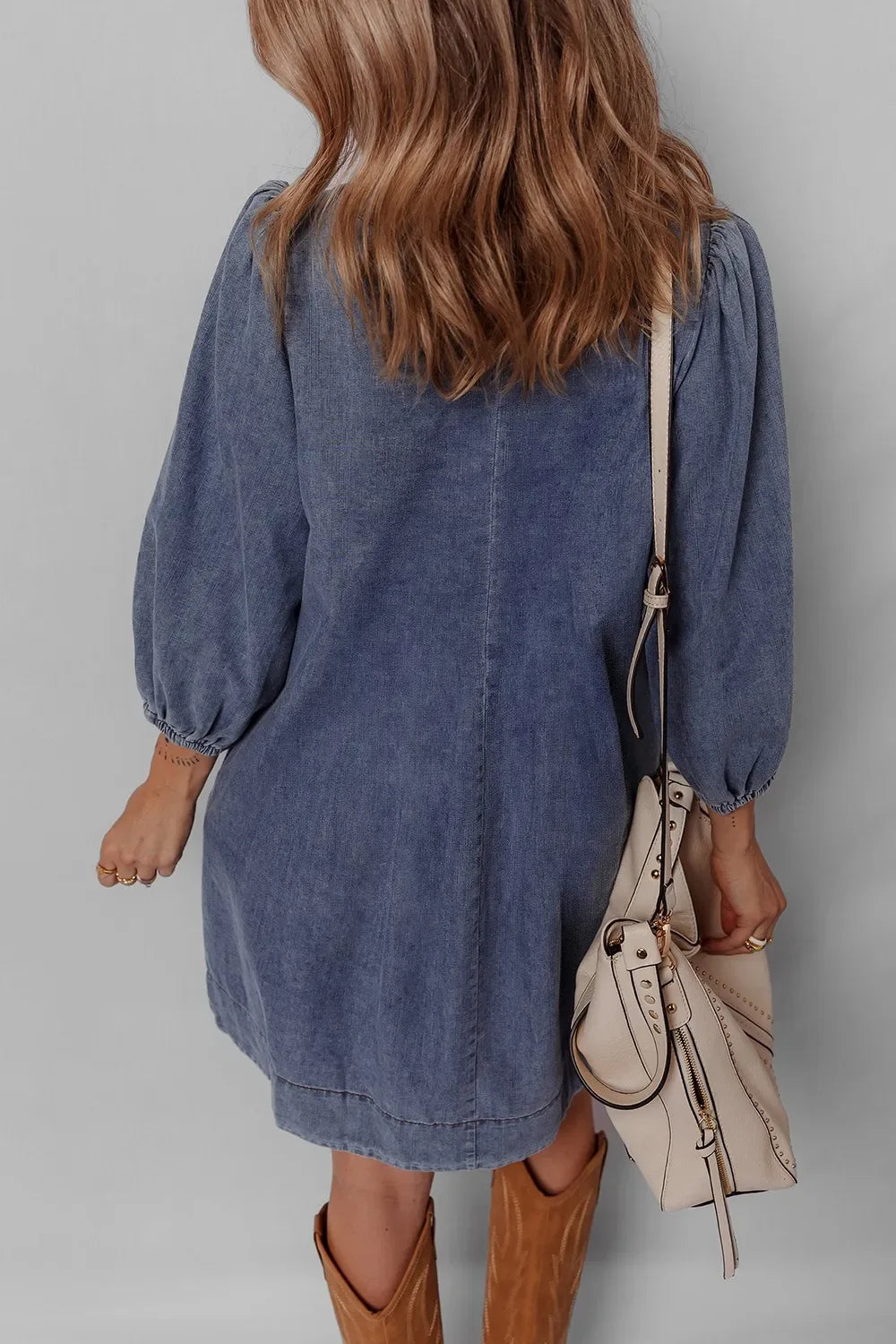 Tie Neck 3/4 Sleeve Mini Denim Dress Trendsi Denim Dress