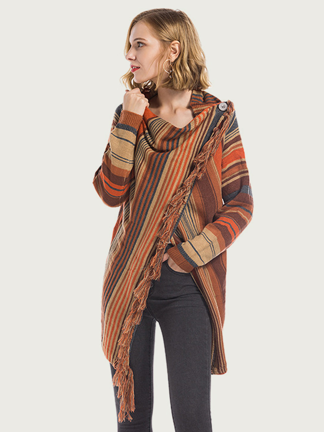 Ochre Angel Wings Tassel Striped Wrap Around Long Sleeve Cardigan