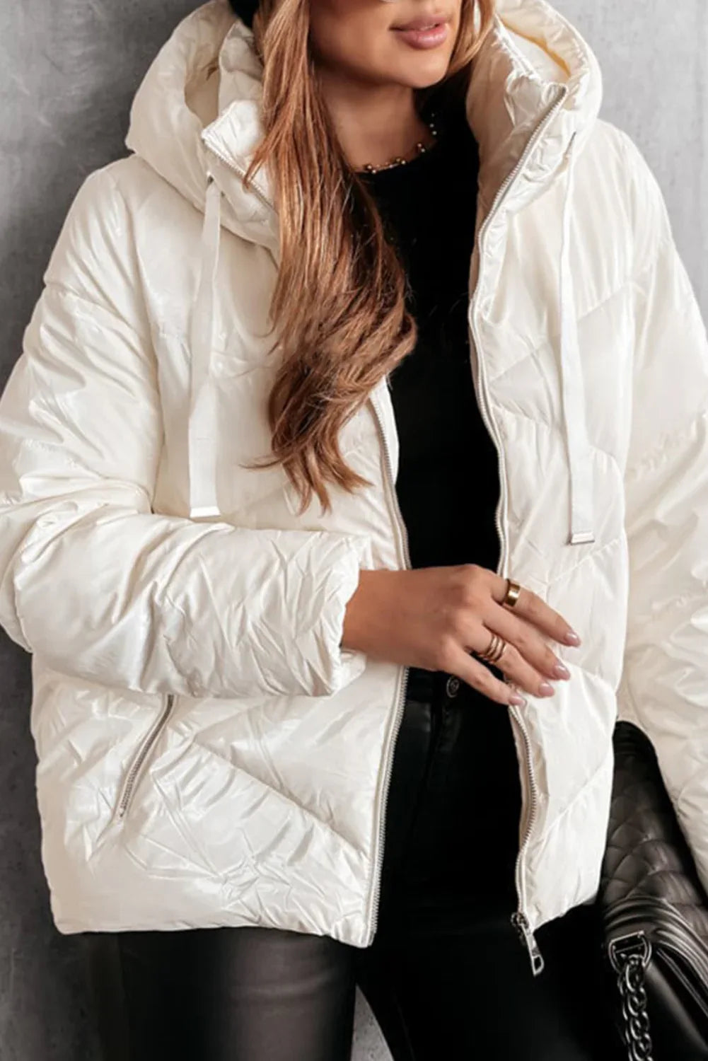 White Solid Quilted Hooded Zip Up Puffer Coat White 100%Polyamide Bazaare Mart Outerwear/Jackets
