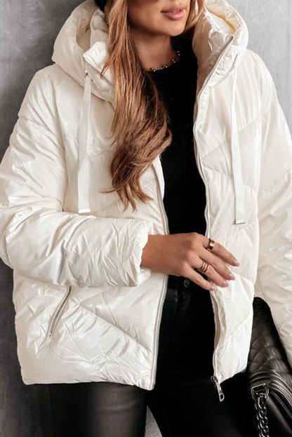 White Solid Quilted Hooded Zip Up Puffer Coat White 100%Polyamide Bazaare Mart Outerwear/Jackets