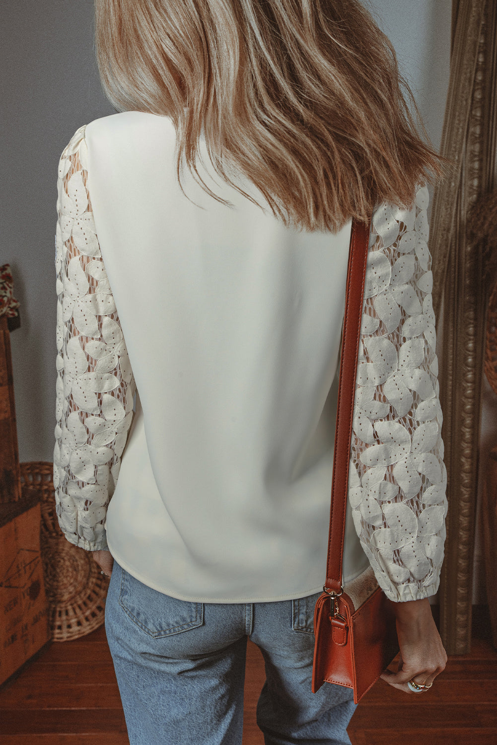 White Scalloped V Neck Hollowed Lace Lantern Sleeve Blouse