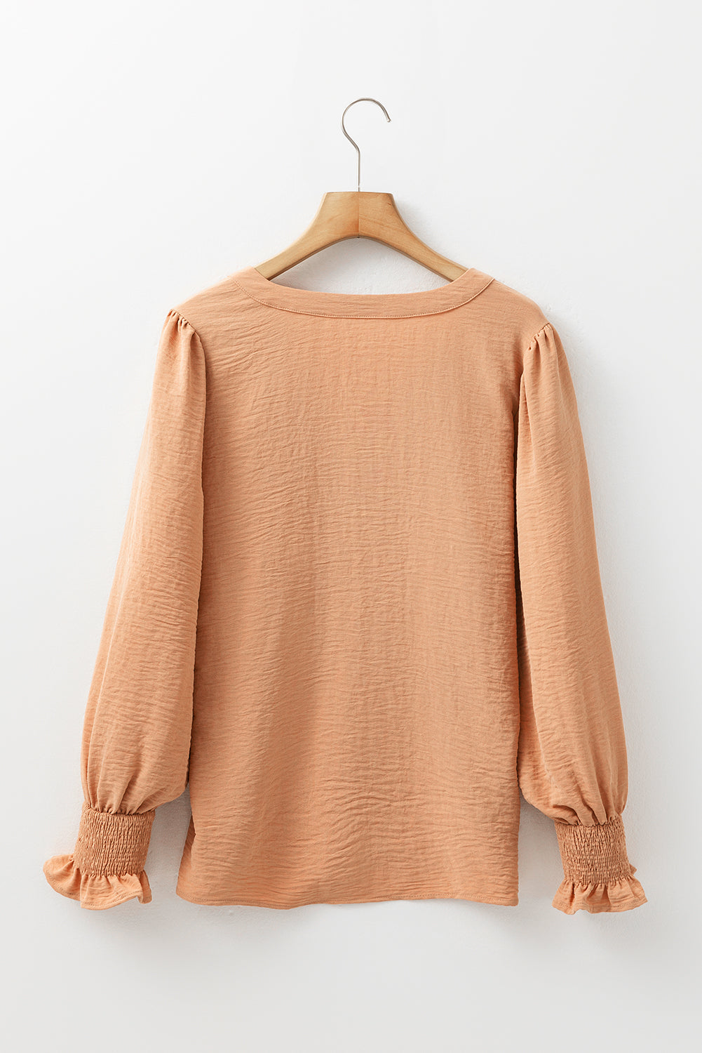 Khaki Long Sleeve Shirred Cuff V Neck Blouse