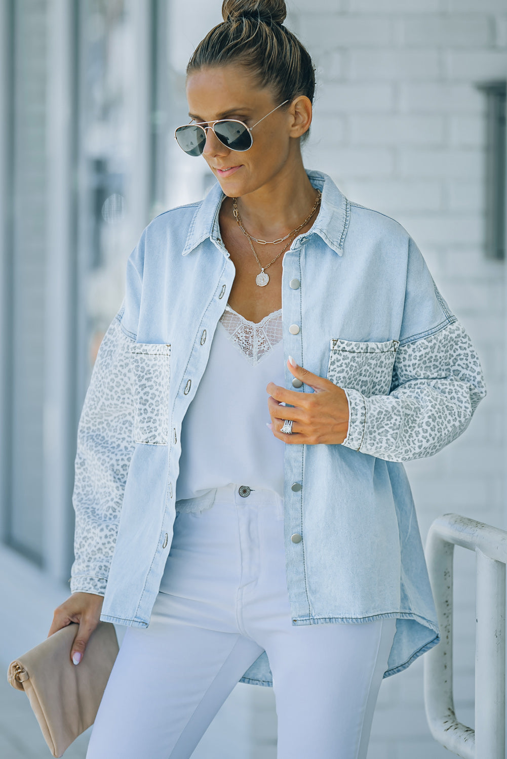 White Contrast Leopard Denim Jacket