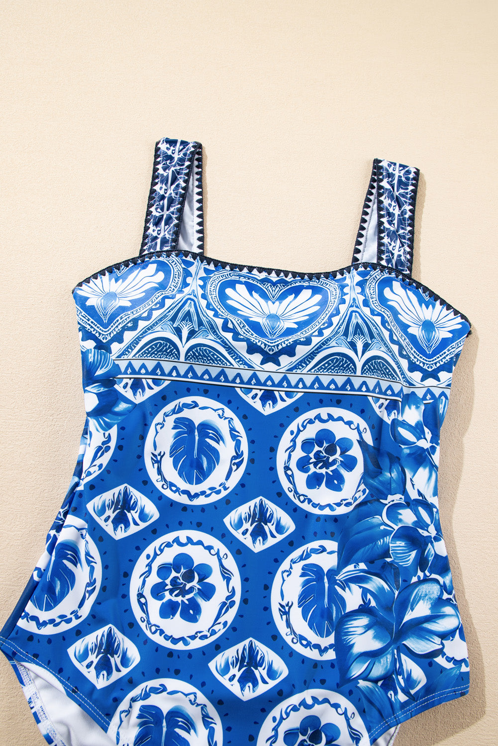 Blue Floral Wide Strap One Piece Swimsuit