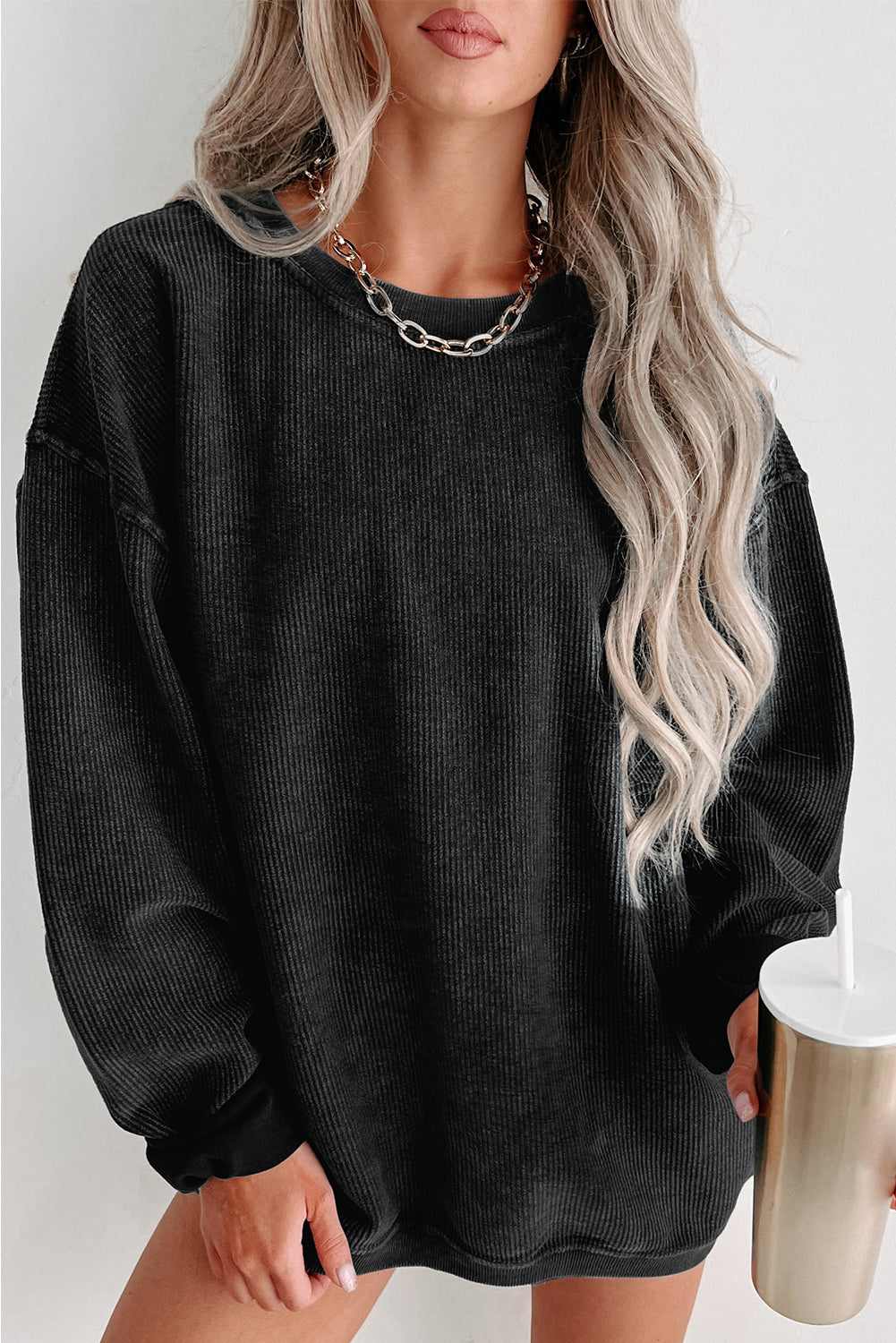 Plain Corded Crew Neck Sweatshirt