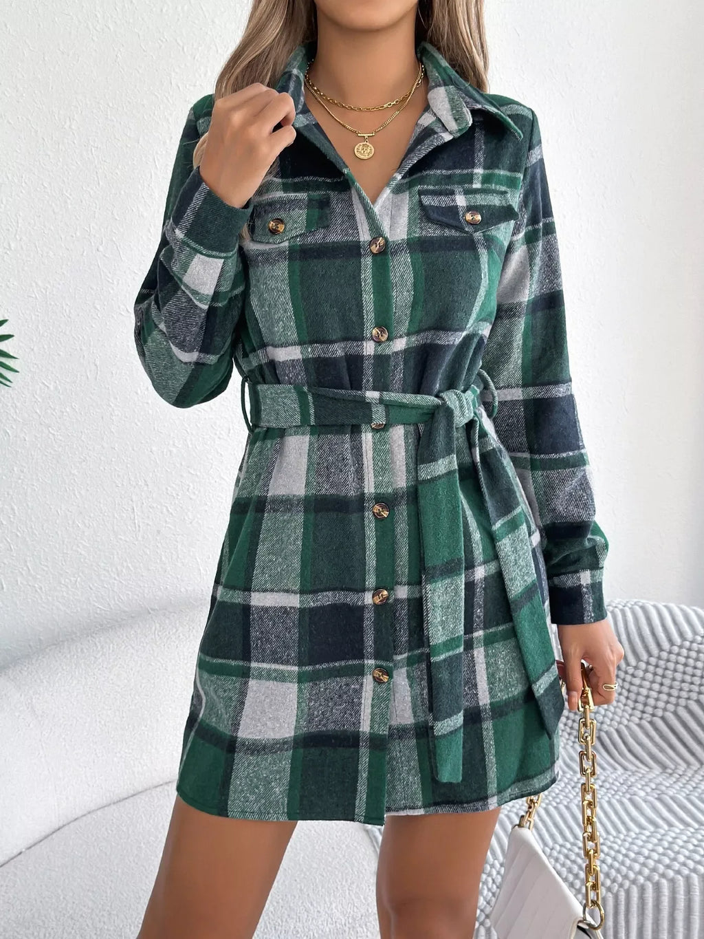Plaid Button Front Tie Waist Mini Shirt Dress Bazaare Mart Plaid Long Sleeve Shirt Dress
