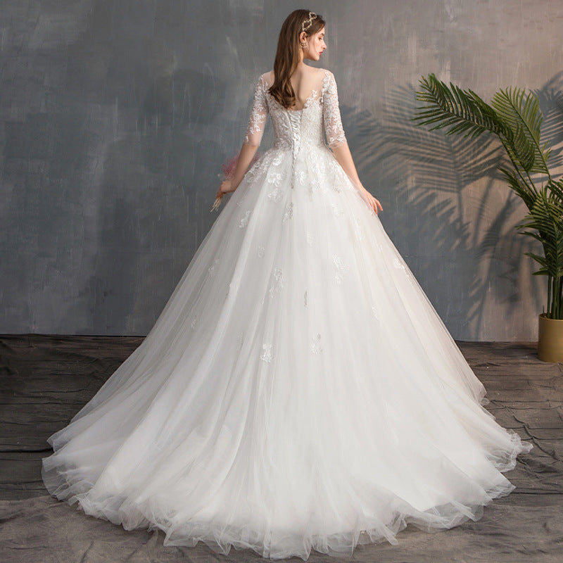 Off Shoulder 3/4 Lace Sleeve Formal Wedding Gown