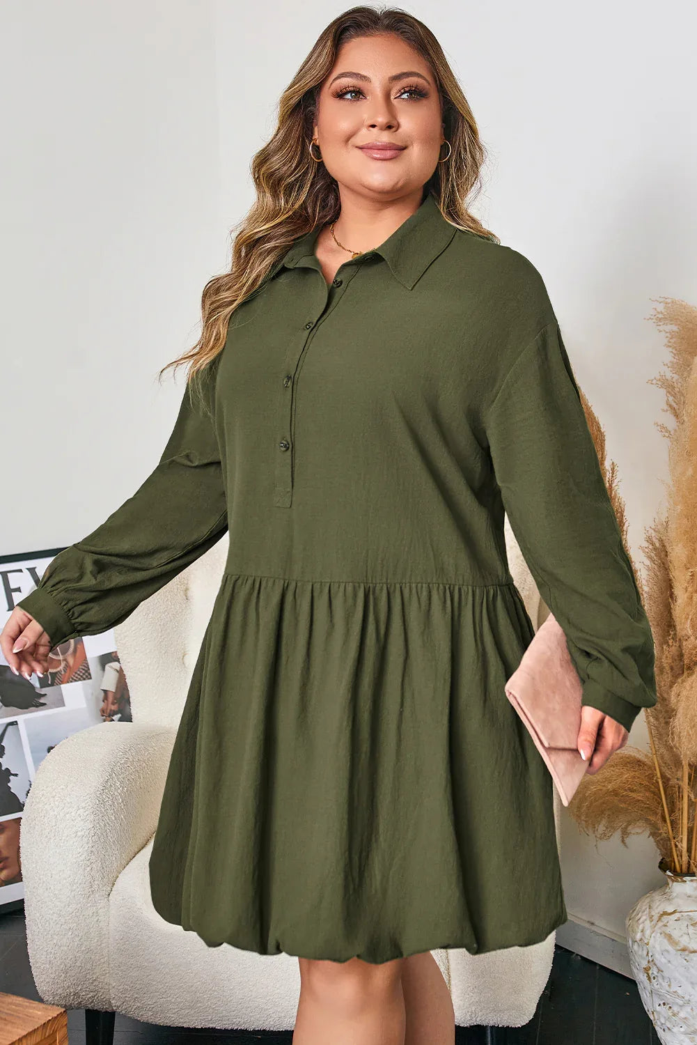 Olive Green Collared Half Button Long Sleeve Ruffle Hem Mini Dress Bazaare Mart Plus Size/Plus Size Dresses/Plus Size Mini Dresses