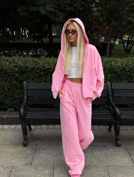 Women’s Zip-Up Hoodie & Drawstring Pants Set – Casual 2-Piece Sweatsuit Pink CJ Dropshipping Hoodie Sweatsuit