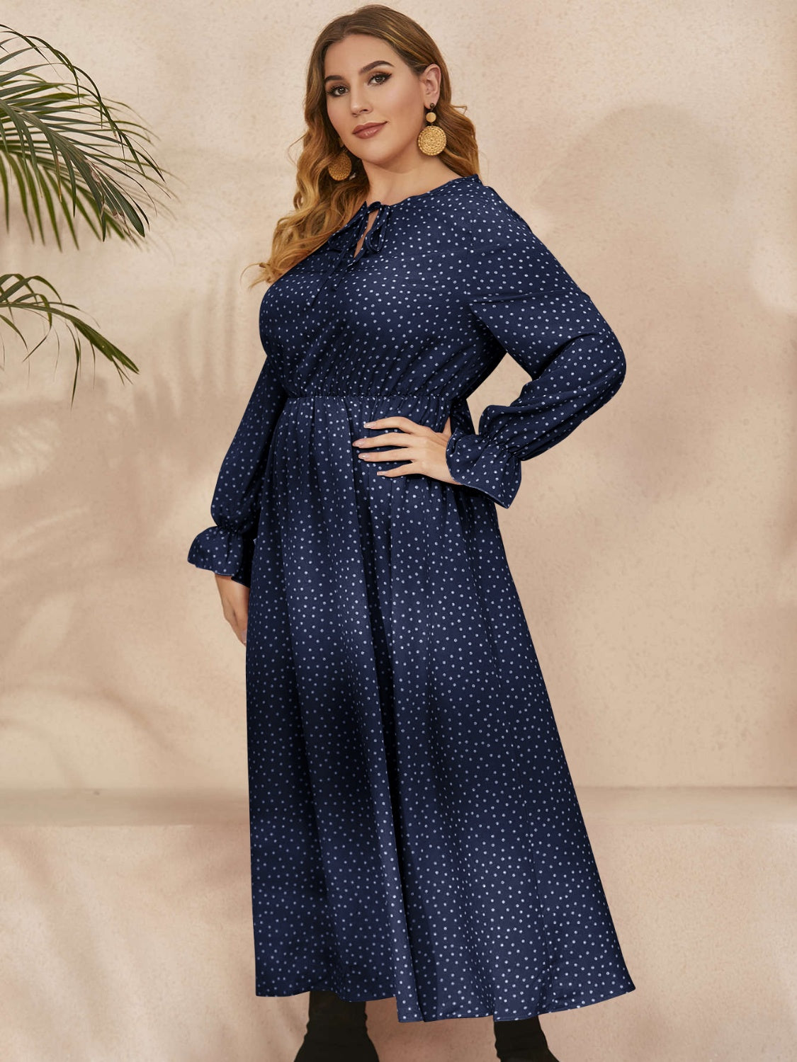 Fall Ruffled Polka Dot Long Sleeve Midi Dress