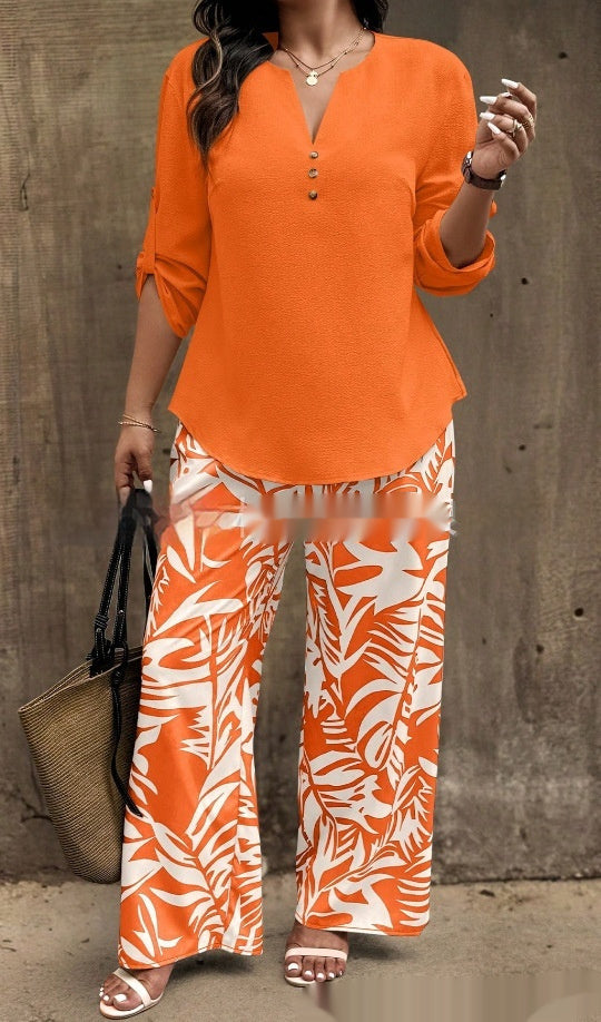 Ladies V-neck Shirt with Tropical Printed Pants 12 Style CJ Dropshipping Tropical Pants Set