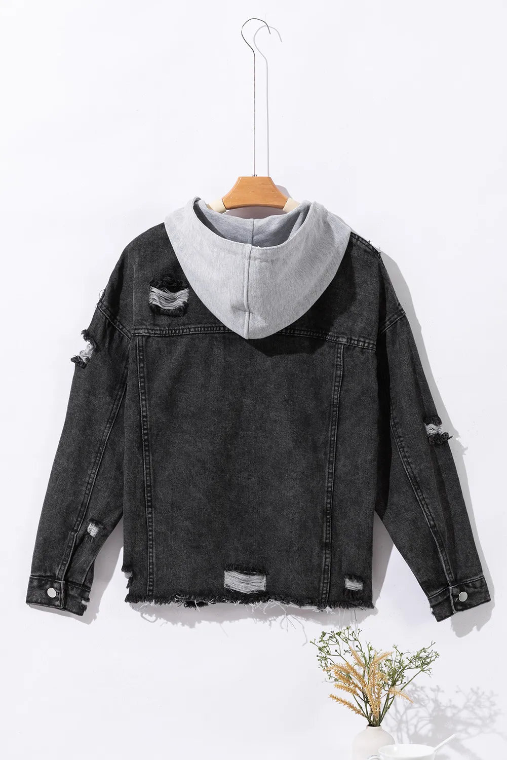 Distressed Drawstring Hooded Denim Jacket
