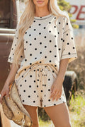 Women’s Polka Dot Shorts Set – Exposed Seam Tee & Drawstring Shorts Outfit White 95%Polyester+5%Elastane Dear-Lover Dropshipping Two Piece Sets/Short Sets