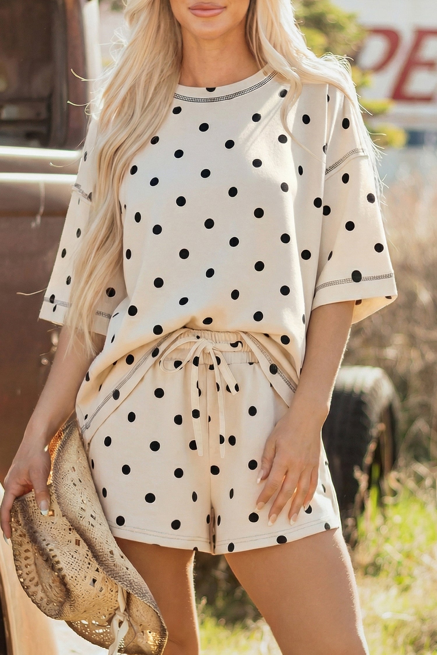 Women’s Polka Dot Shorts Set – Exposed Seam Tee & Drawstring Shorts Outfit White 95%Polyester+5%Elastane Dear-Lover Dropshipping Two Piece Sets/Short Sets