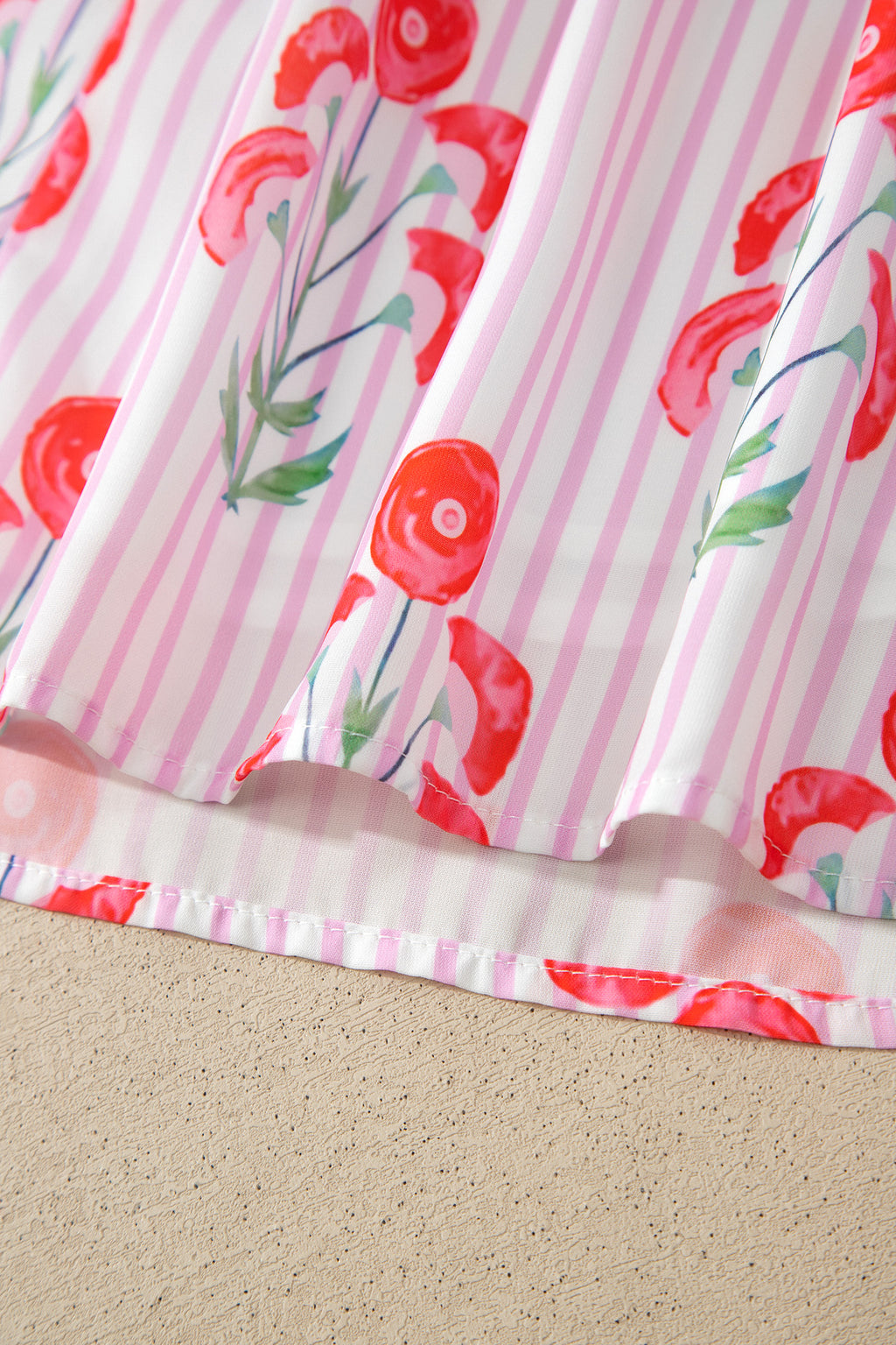Pink Floral Striped Print Tie Notched Neck Puff Sleeve Flared Mini Dress Dear-Lover Dropshipping Dresses/Floral Dresses