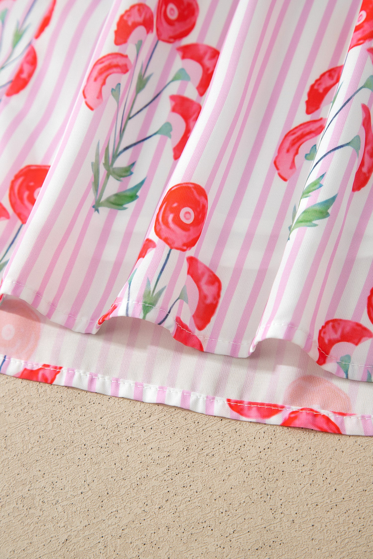 Pink Floral Striped Print Tie Notched Neck Puff Sleeve Flared Mini Dress Dear-Lover Dropshipping Dresses/Floral Dresses