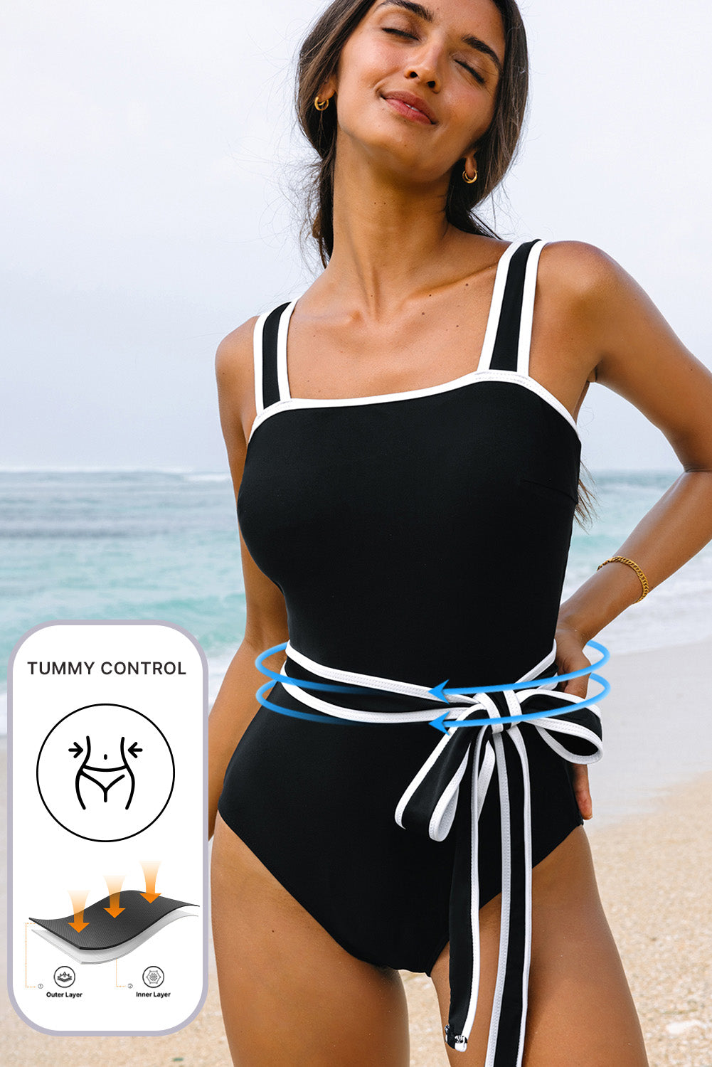 B&W Colorblock Edge Belted One Piece Swimsuit