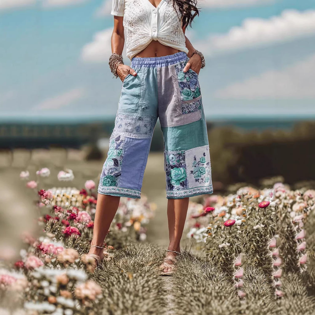 Women’s Retro Floral Patchwork Casual Capri Shorts – Boho Printed Wide Leg Pants CJ Dropshipping Patchwork Capris