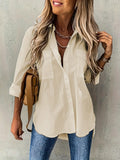 Long Sleeve Button Up Blouse Apricot Bazaare Mart Solid Color Blouse