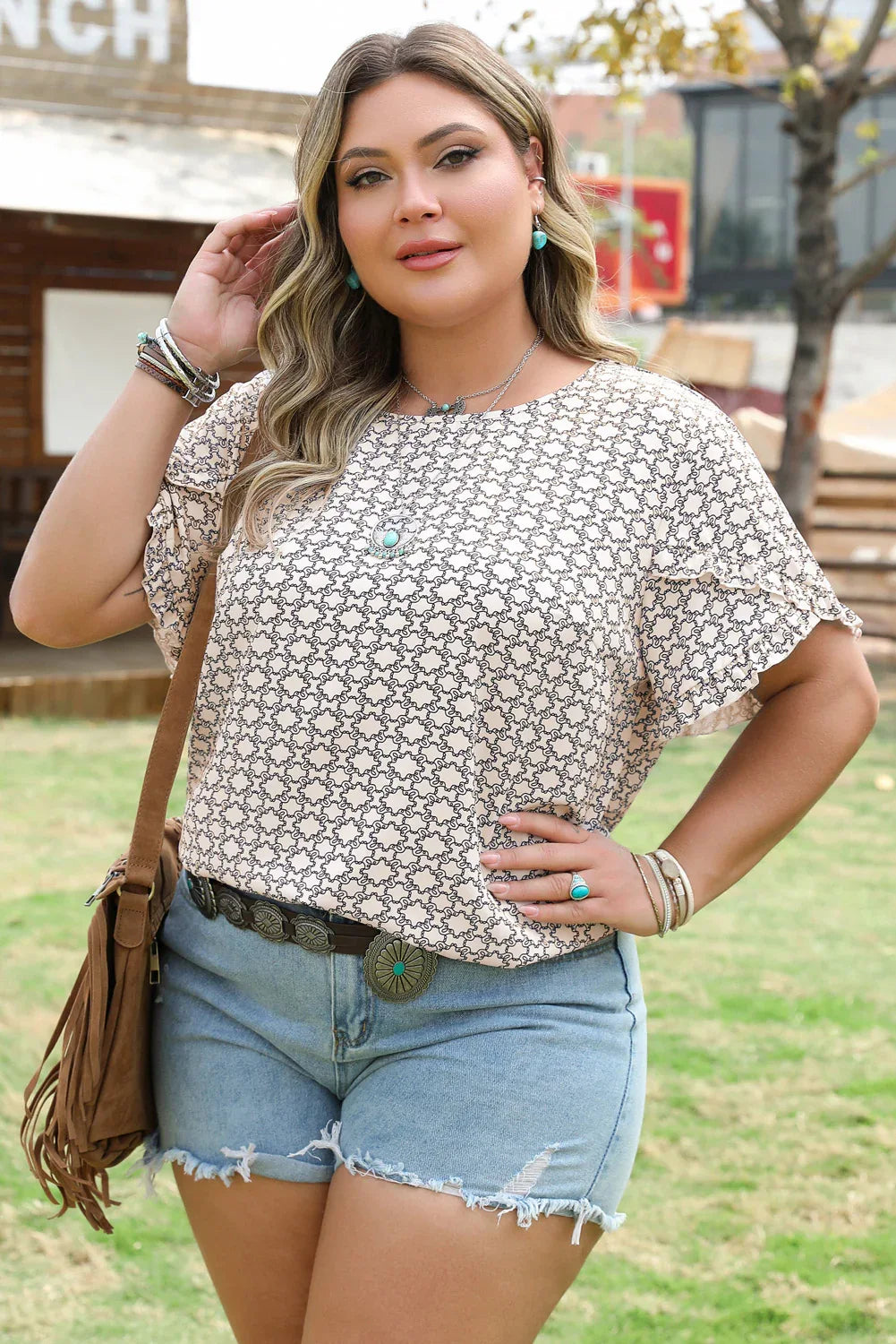 Khaki Plus Size Geometric Print Ruffled Sleeve Blouse Dear-Lover Dropshipping Plus Size/Plus Size Tops/Plus Size Blouses & Shirts