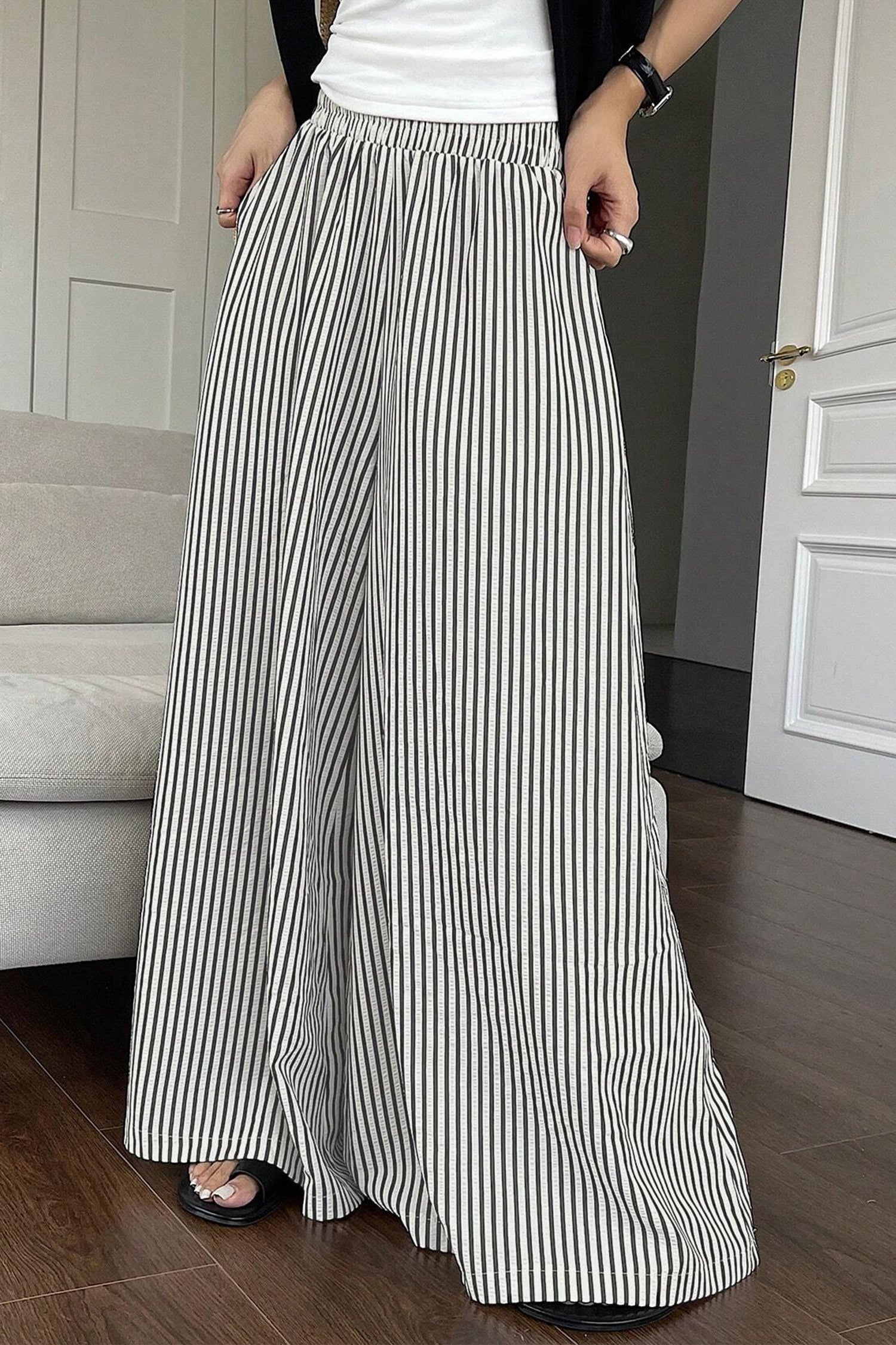 Black Stripe Elastic Waist Ultra Wide Leg Pants Dear-Lover Dropshipping Bottoms/Pants & Culotte