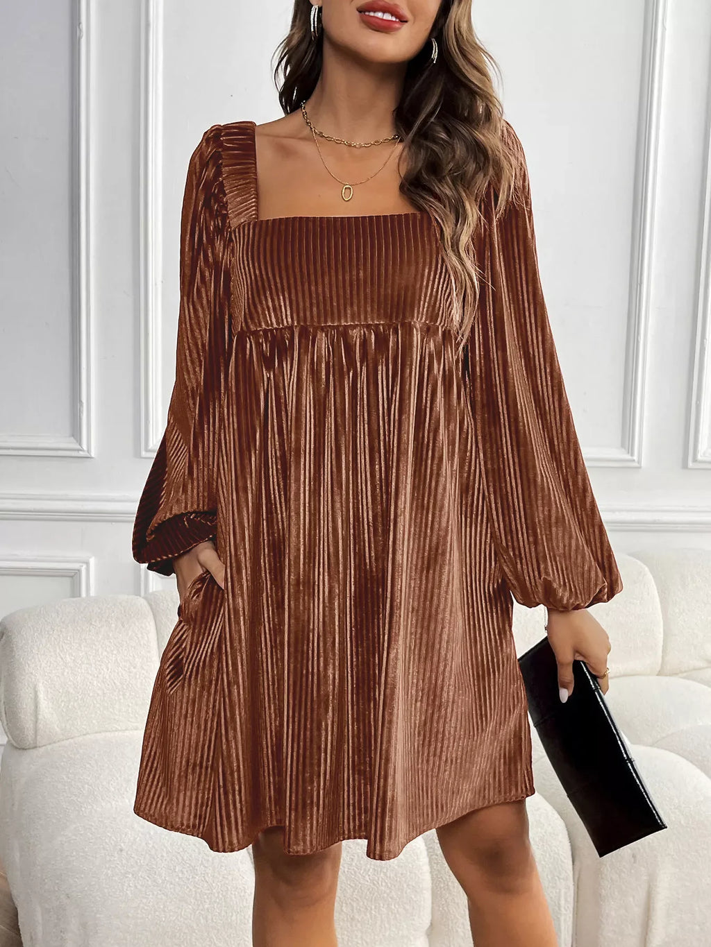 Textured Velvet Square Neck Long Sleeve Dress Bazaare Mart Long Sleeve Square Neck Velvet Dress
