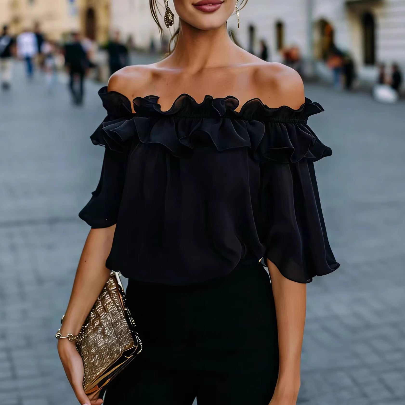 Women’s Ruffled Off-Shoulder Blouse – Loose Fit Elegant Short Sleeve Top Black CJ Dropshipping Off Shoulder Blouse
