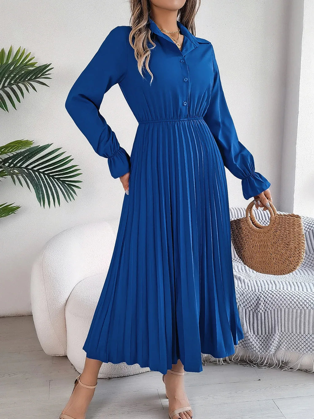 Pleated Half Button Long Sleeve Midi Dress Bazaare Mart Pleated Half Button Long Sleeve Midi Dress
