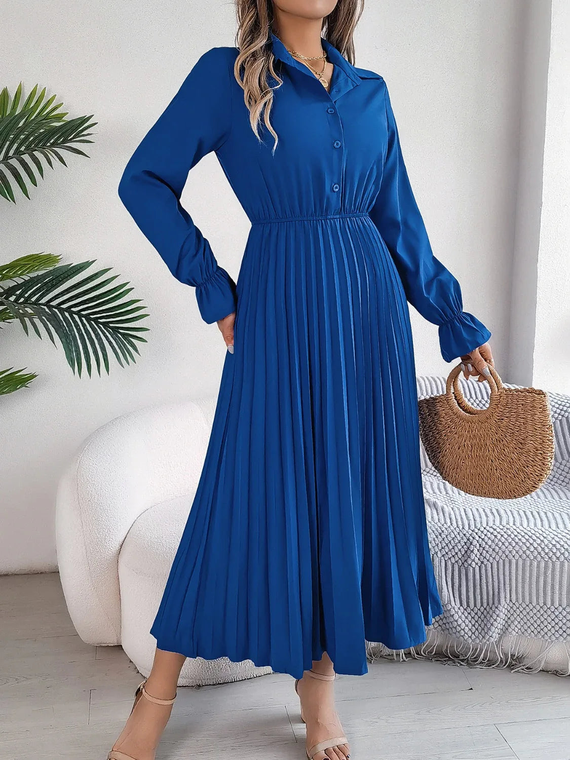 Pleated Half Button Long Sleeve Midi Dress Bazaare Mart Pleated Half Button Long Sleeve Midi Dress