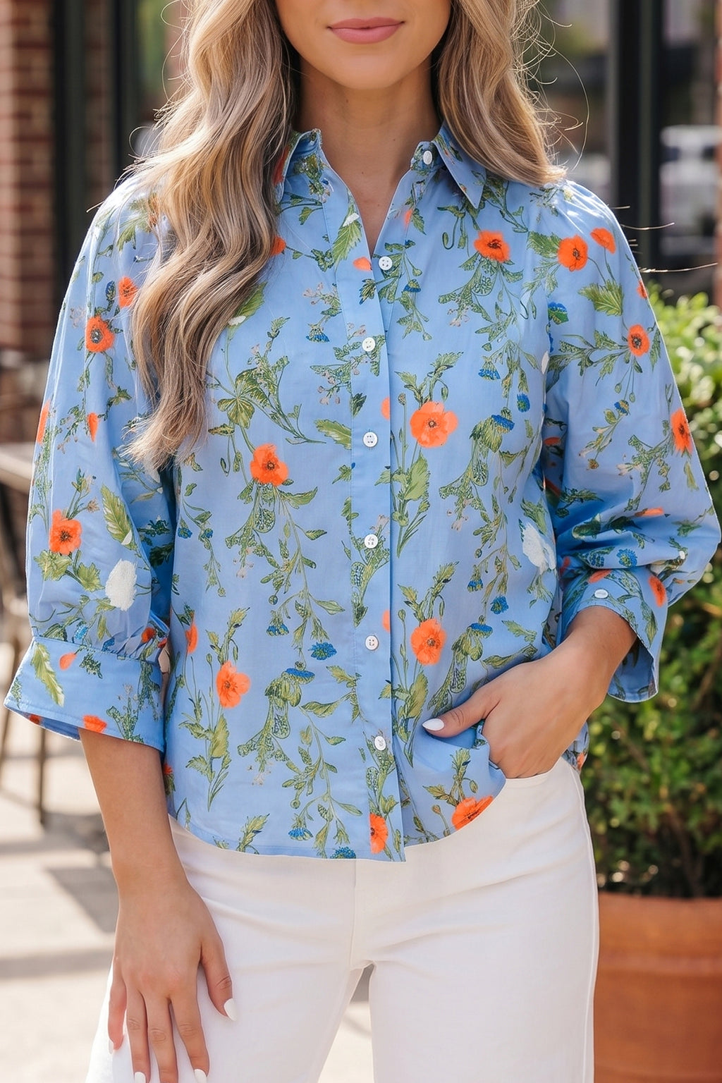 Sky Blue Floral Button-Down Blouse