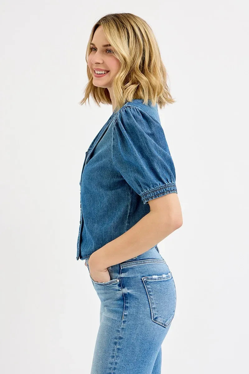 RISEN Button Down Puff Sleeve Crop Denim Shirt Trendsi Shirts