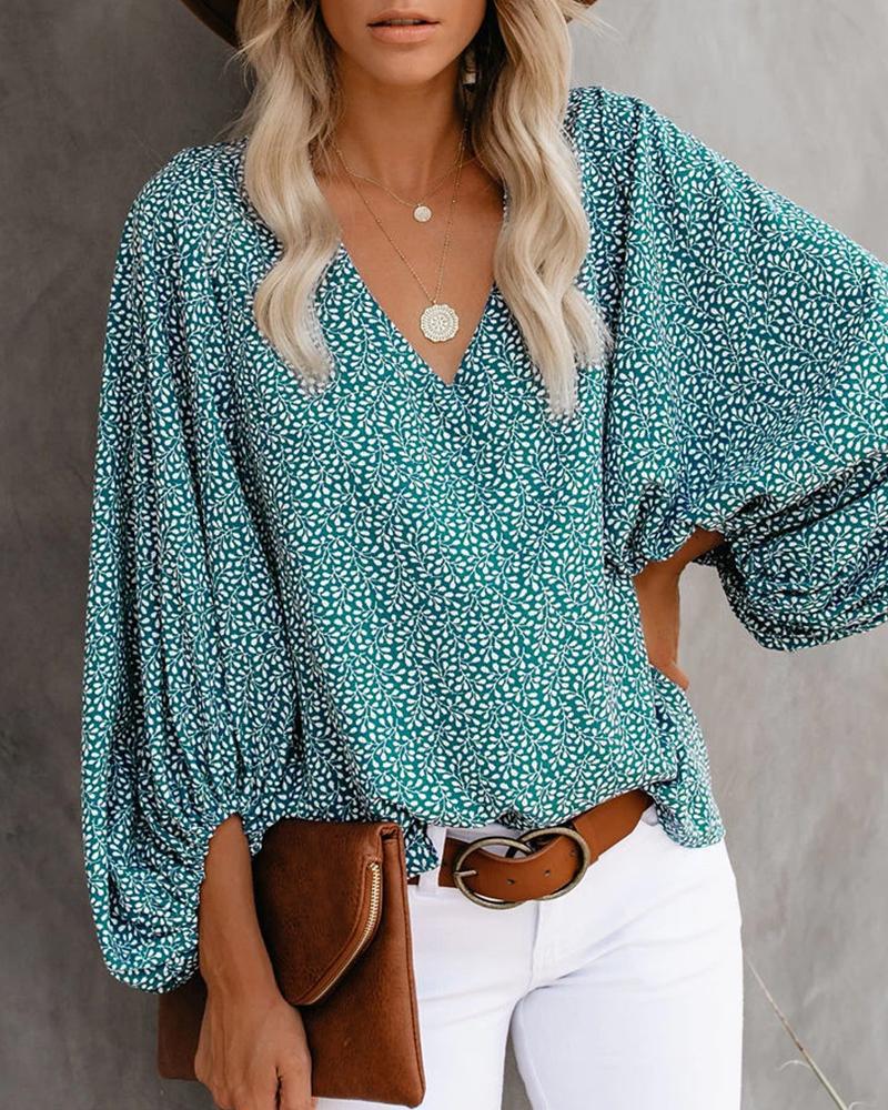 V-Neck Balloon Sleeve Floral Tops