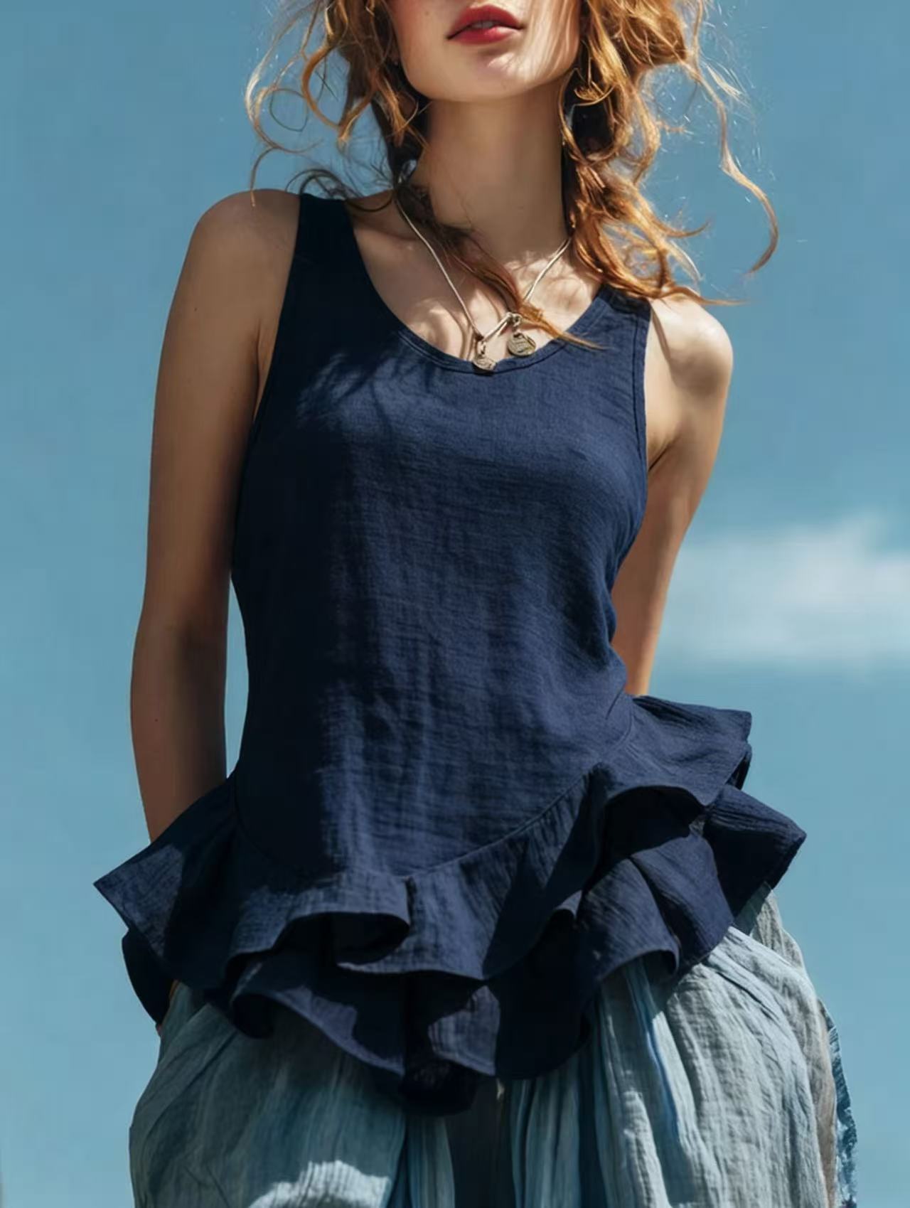 Women’s Sleeveless Ruffle Hem Top – Casual Fashion Tank Blouse Navy Blue CJ Dropshipping Sleeveless Ruffled Top