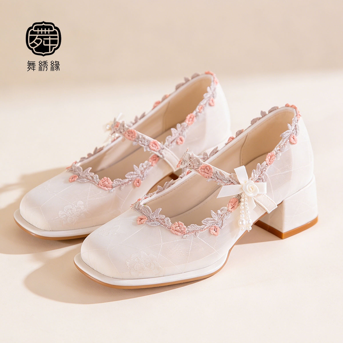 Oriental Jacquard Satin Mary Jane Heels – Embroidered Pearl Square Toe Dress Shoes CJ Dropshipping Flower Girl Shoes