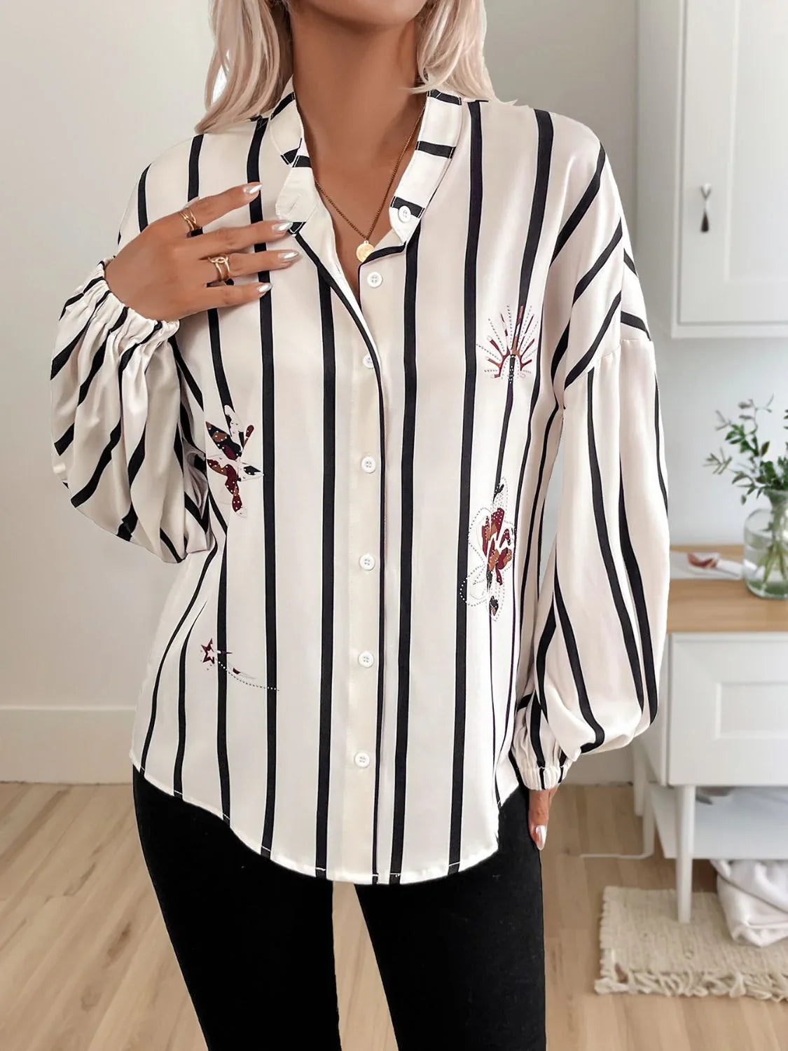 Perfee Striped Collared Neck Long Sleeve Shirt Bazarre Mart Striped Log Sleeve Shirt