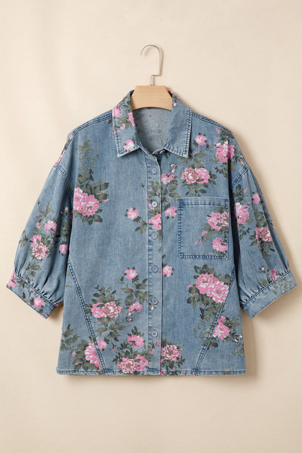 Blue Floral Denim Shirt – Bracelet Sleeve Lightweight Button Up Blouse Dear-Lover Dropshipping Tops/Blouses & Shirts