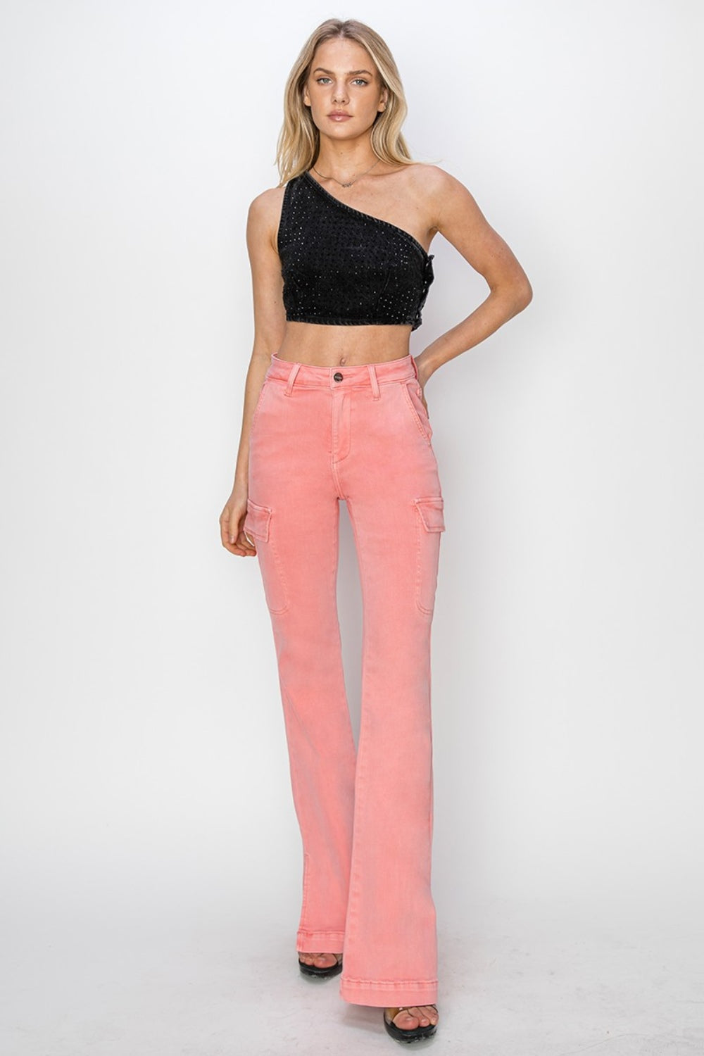 Pink High Rise Side Slit Cargo Bootcut Jeans