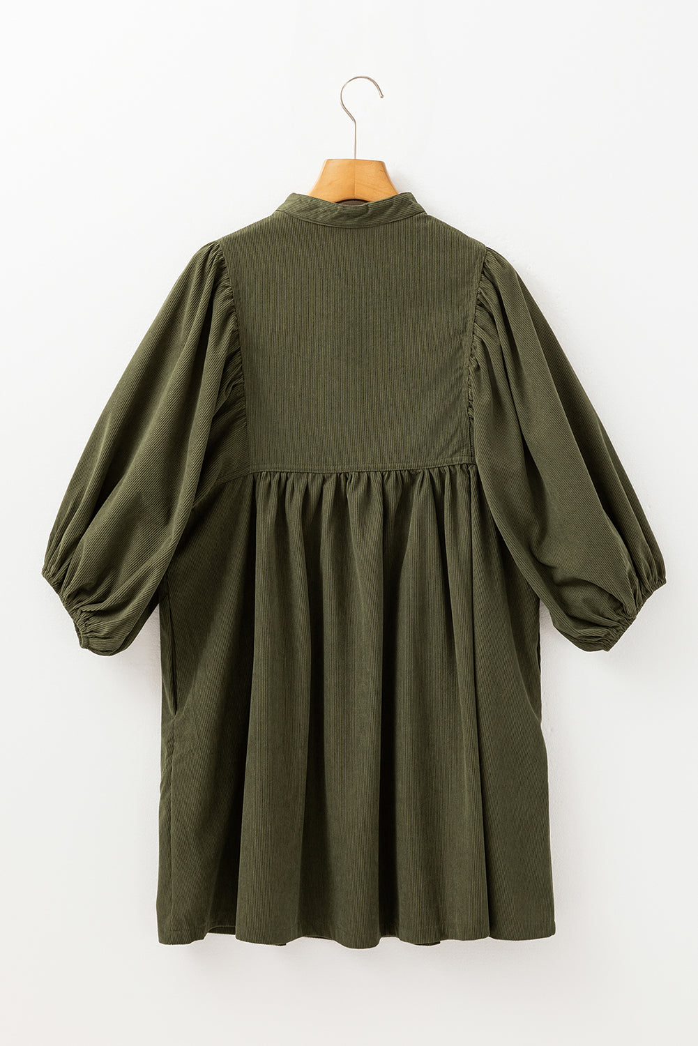 Army Green Corduroy 1/4 Snap Empire Waist Bracelet Sleeve Dress
