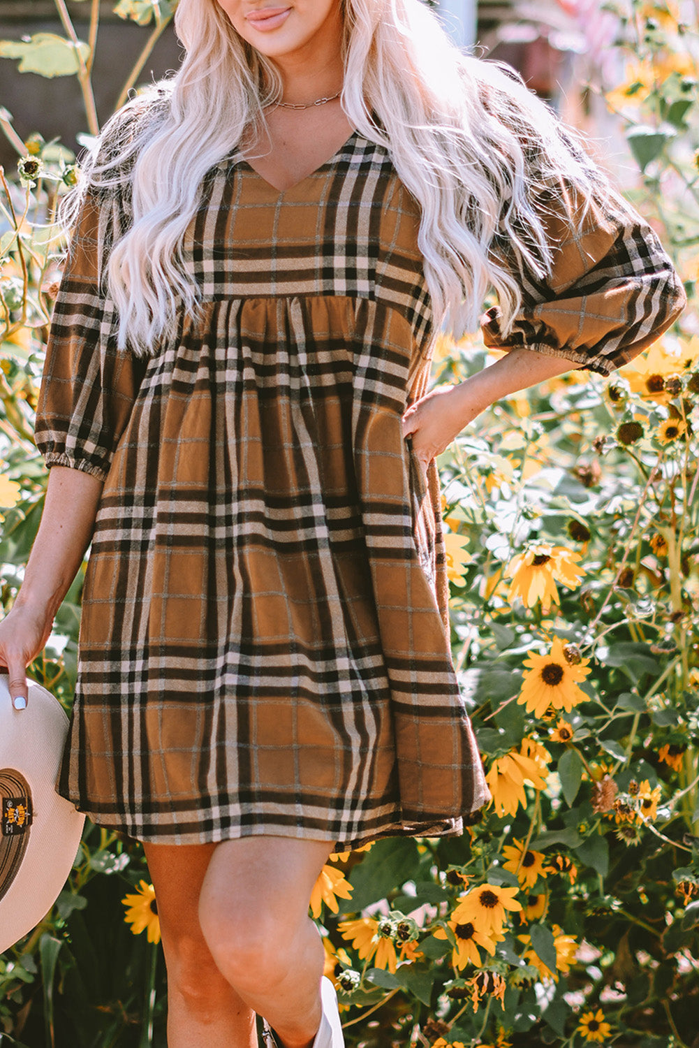 Brown Plaid Plus Size A Line Dress