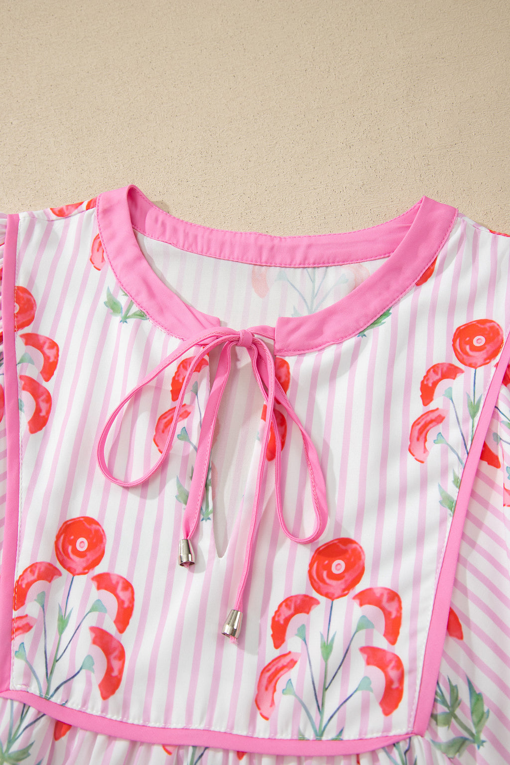 Pink Floral Striped Print Tie Notched Neck Puff Sleeve Flared Mini Dress Dear-Lover Dropshipping Dresses/Floral Dresses