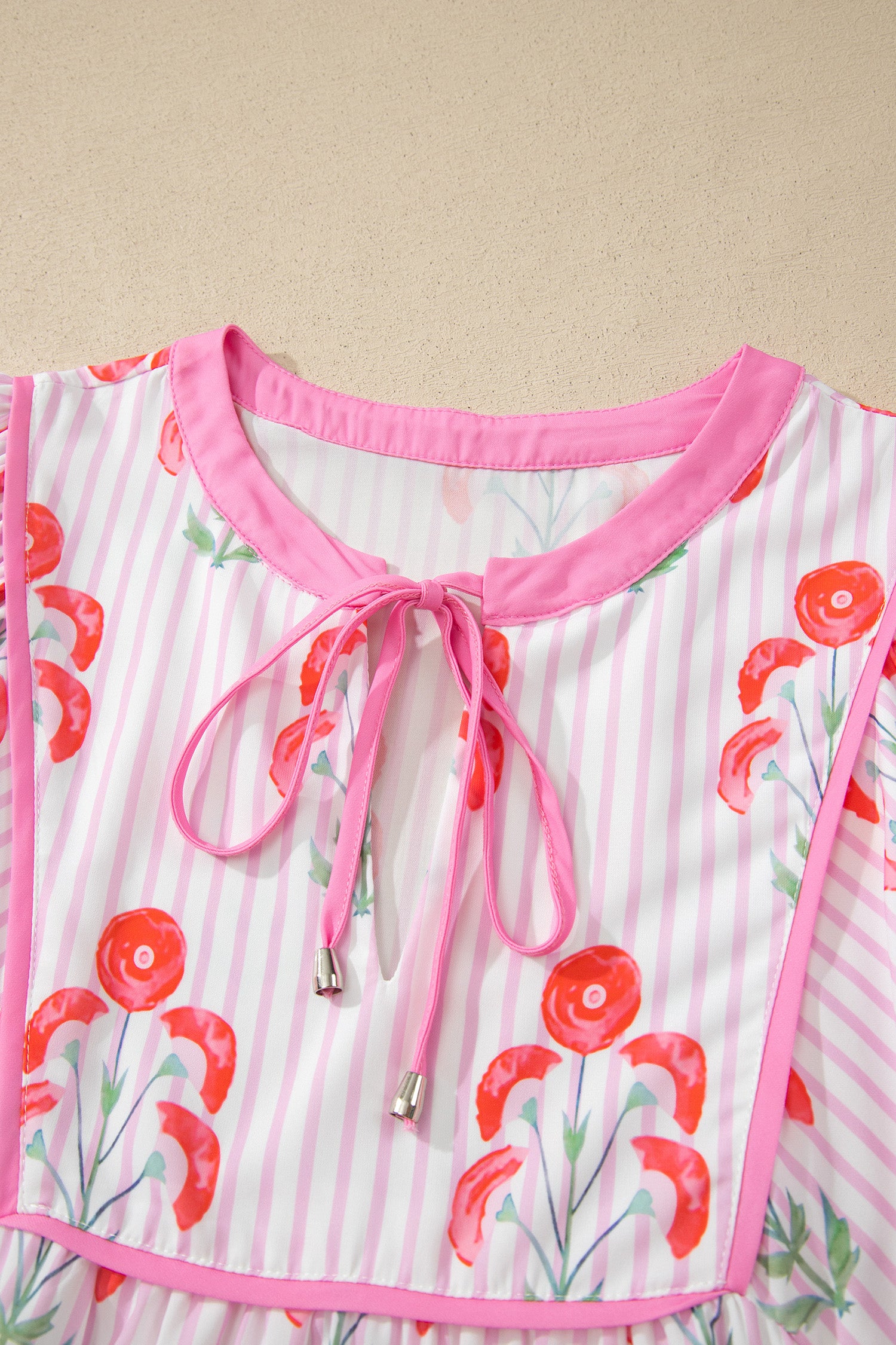 Pink Floral Striped Print Tie Notched Neck Puff Sleeve Flared Mini Dress Dear-Lover Dropshipping Dresses/Floral Dresses