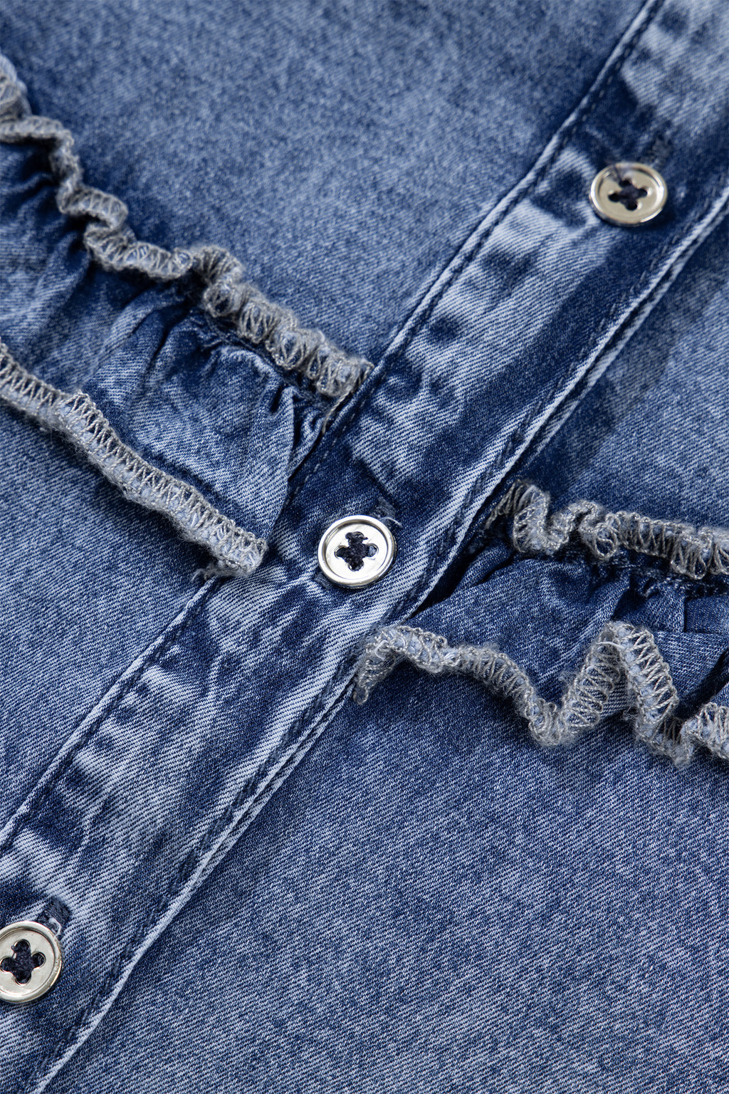 Blue Vintage Wash Denim Ruffle Button Down Shirt Bazaare Mart Tops/Blouses & Shirts